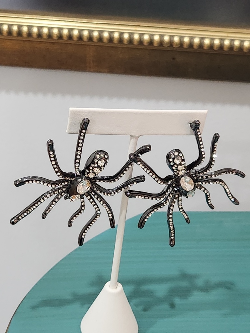 NEW Natasha Hematite / Black Crystal Spider Earrings, 3" L by 2" W Halloween